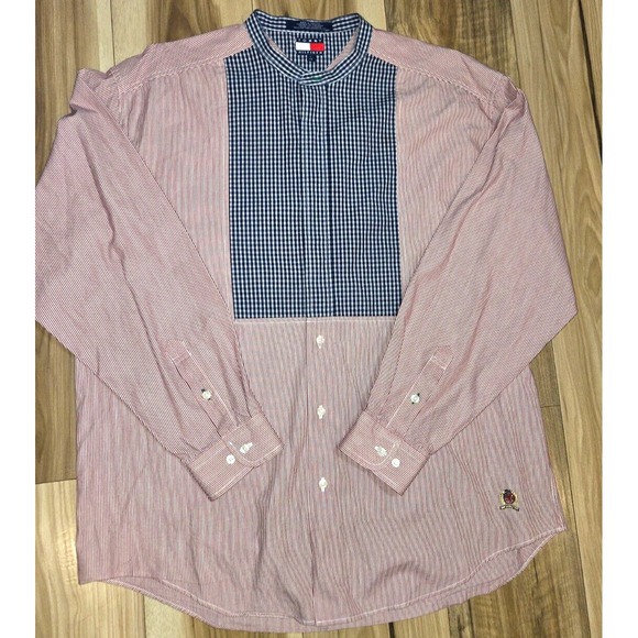 Vintage Tommy Hilfiger Red White Striped Shirt Mens L Band Collar Blue Check - Picture 1 of 7